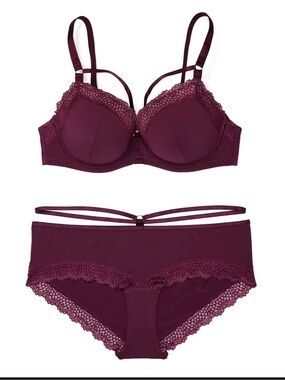 Adore Me Burgundy Lace-Trim Underwire Bra & Strappy Bikini Set